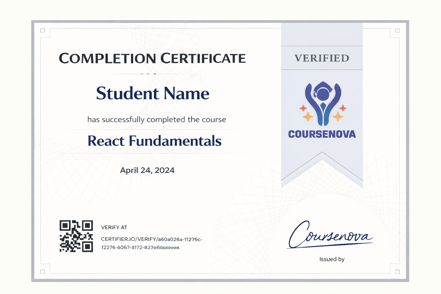Sample COURSENOVA certificate